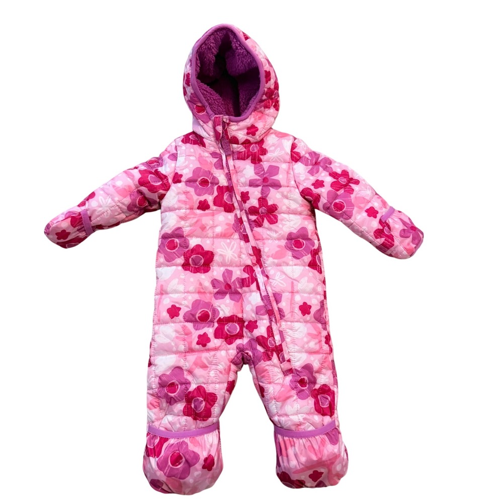 Lullaby Lane Snowsuit Baby Girl 6-9M Pink Floral Sherpa Lined Quilted Pram Suit